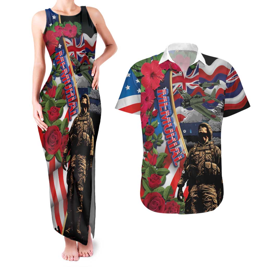 Hawaii and United States Memorial Day Couples Matching Tank Maxi Dress and Hawaiian Shirt Honor and Remember The Fallen