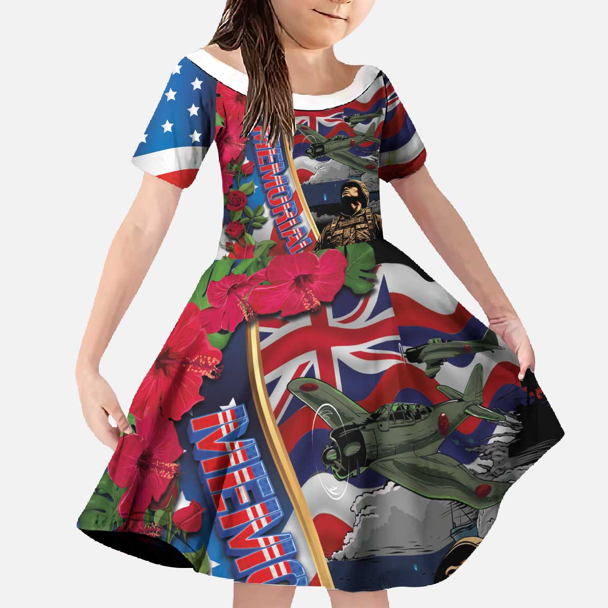 Hawaii and United States Memorial Day Family Matching Off The Shoulder Long Sleeve Dress and Hawaiian Shirt Honor and Remember The Fallen LT03 Daughter's Dress Blue - Polynesian Pride