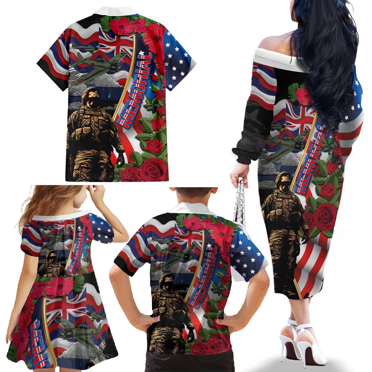 Hawaii and United States Memorial Day Family Matching Off The Shoulder Long Sleeve Dress and Hawaiian Shirt Honor and Remember The Fallen LT03 - Polynesian Pride