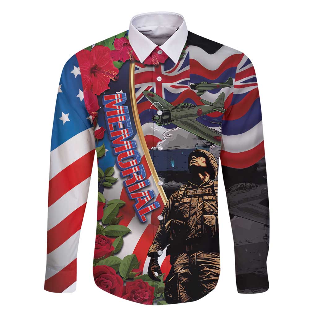 Hawaii and United States Memorial Day Family Matching Puletasi and Hawaiian Shirt Honor and Remember The Fallen LT03 Dad's Shirt - Long Sleeve Blue - Polynesian Pride