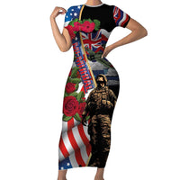 Hawaii and United States Memorial Day Family Matching Short Sleeve Bodycon Dress and Hawaiian Shirt Honor and Remember The Fallen LT03 Mom's Dress Blue - Polynesian Pride