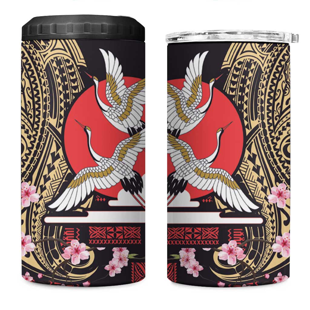 Japanese Culture and Hawaiian Tribal 4 in 1 Can Cooler Tumbler Sakura Blossom Tapa Pattern