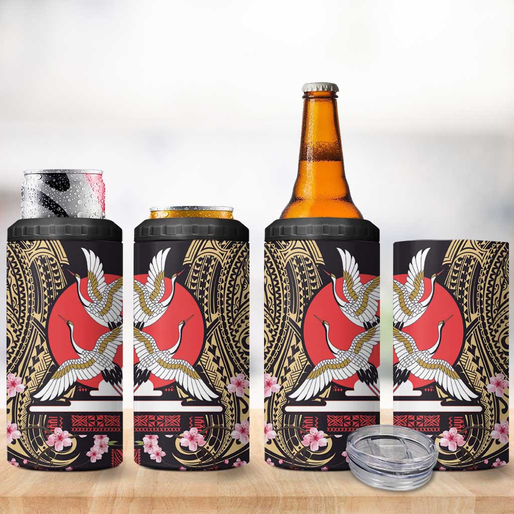 Japanese Culture and Hawaiian Tribal 4 in 1 Can Cooler Tumbler Sakura Blossom Tapa Pattern