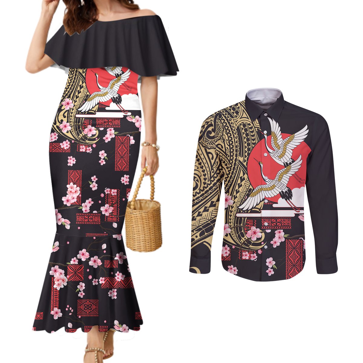 Japanese Culture and Hawaiian Tribal Couples Matching Mermaid Dress and Long Sleeve Button Shirt Sakura Blossom Tapa Pattern