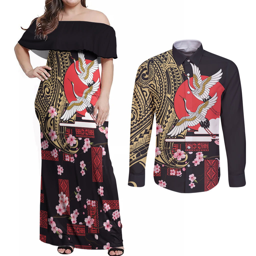 Japanese Culture and Hawaiian Tribal Couples Matching Off Shoulder Maxi Dress and Long Sleeve Button Shirt Sakura Blossom Tapa Pattern