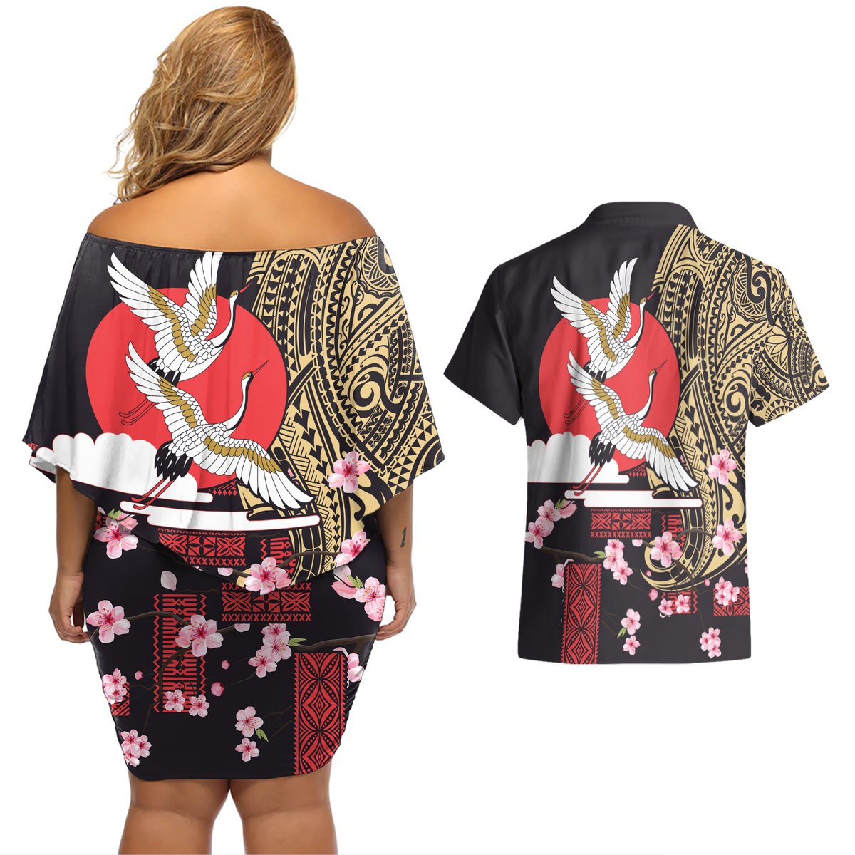 Japanese Culture and Hawaiian Tribal Couples Matching Off Shoulder Short Dress and Hawaiian Shirt Sakura Blossom Tapa Pattern LT03 - Polynesian Pride