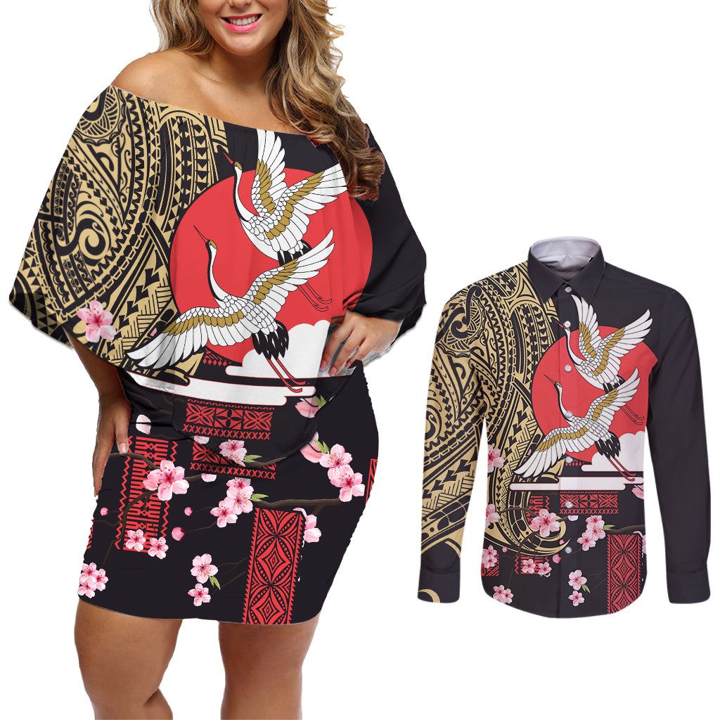Japanese Culture and Hawaiian Tribal Couples Matching Off Shoulder Short Dress and Long Sleeve Button Shirt Sakura Blossom Tapa Pattern