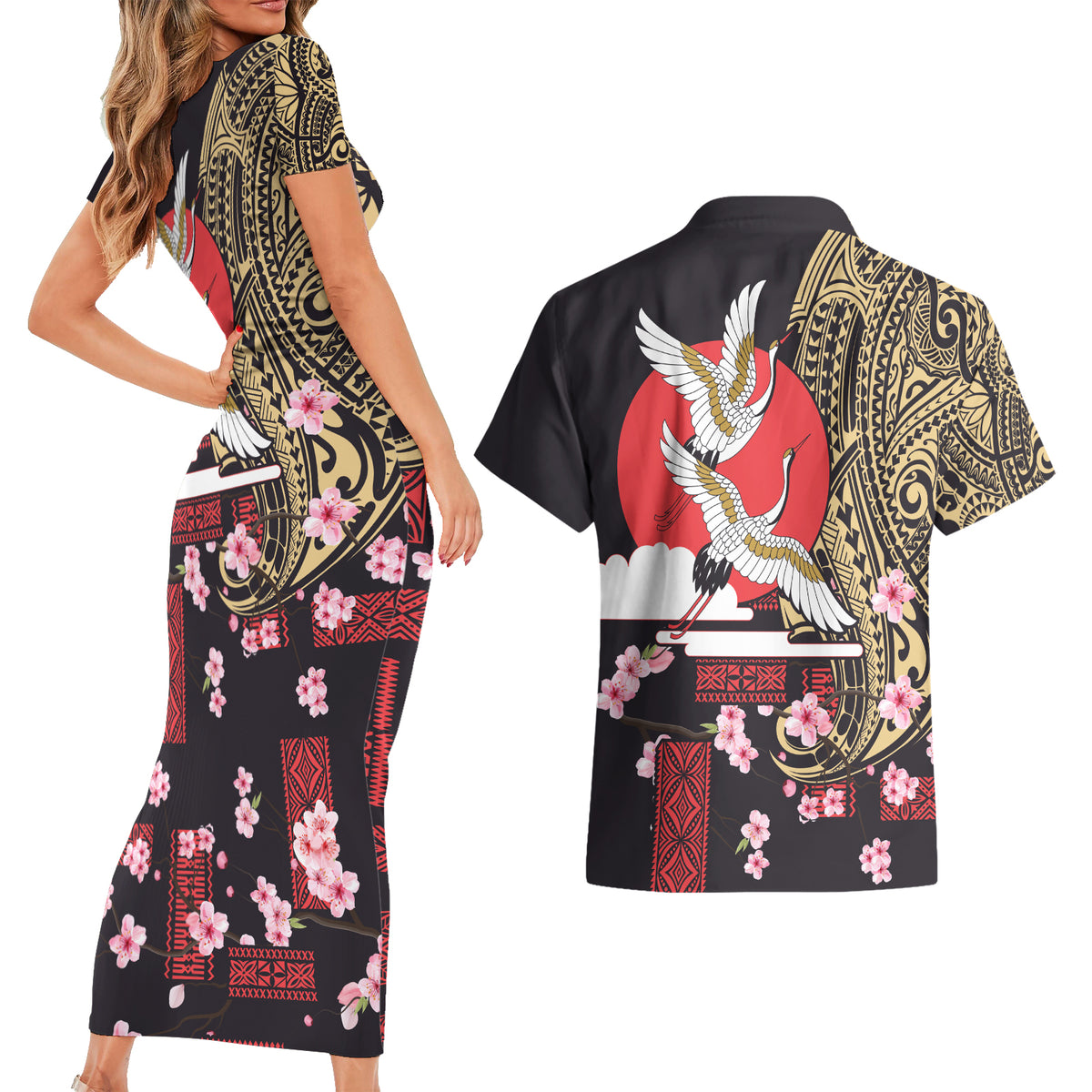 Japanese Culture and Hawaiian Tribal Couples Matching Short Sleeve Bodycon Dress and Hawaiian Shirt Sakura Blossom Tapa Pattern LT03 - Polynesian Pride