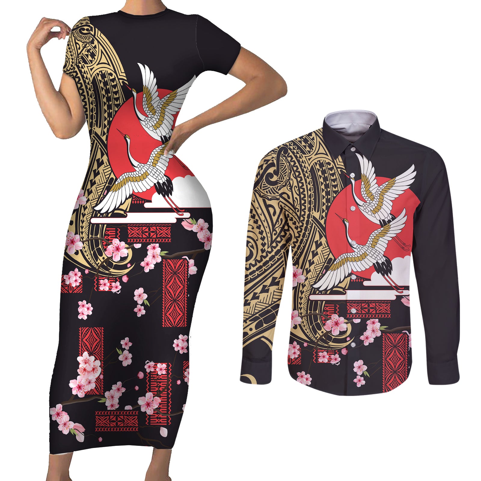 Japanese Culture and Hawaiian Tribal Couples Matching Short Sleeve Bodycon Dress and Long Sleeve Button Shirt Sakura Blossom Tapa Pattern