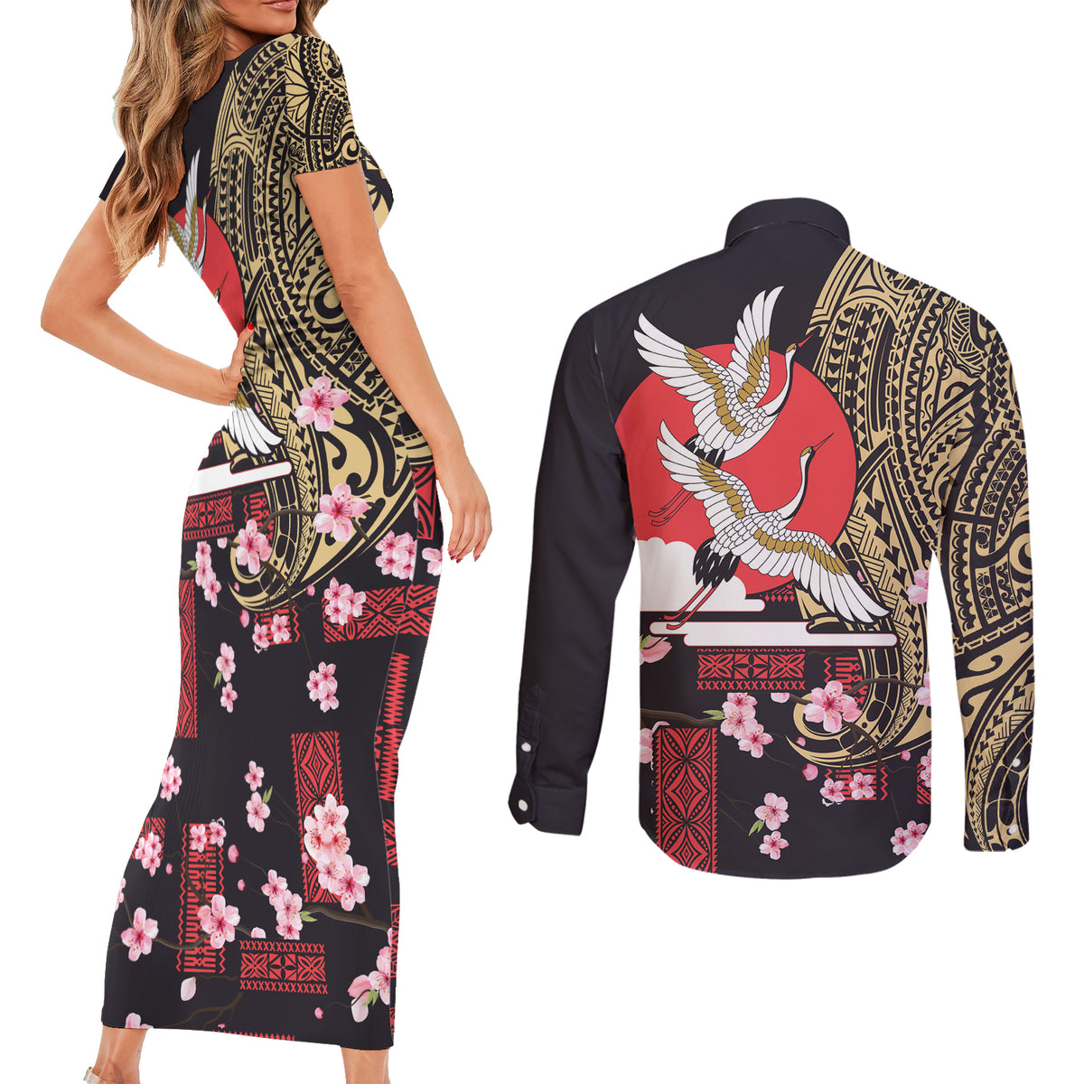 Japanese Culture and Hawaiian Tribal Couples Matching Short Sleeve Bodycon Dress and Long Sleeve Button Shirt Sakura Blossom Tapa Pattern LT03 - Polynesian Pride