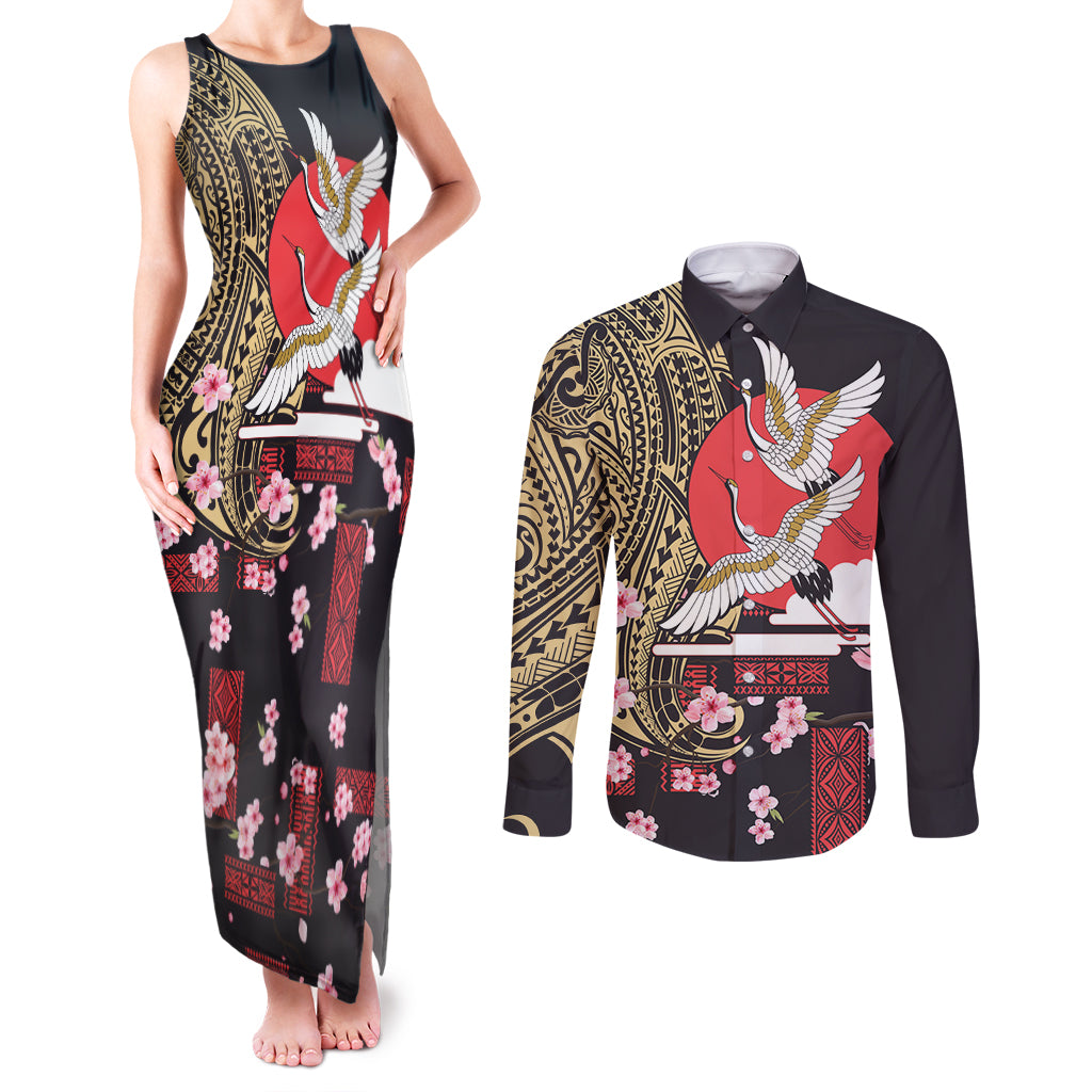 Japanese Culture and Hawaiian Tribal Couples Matching Tank Maxi Dress and Long Sleeve Button Shirt Sakura Blossom Tapa Pattern