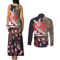 Japanese Culture and Hawaiian Tribal Couples Matching Tank Maxi Dress and Long Sleeve Button Shirt Sakura Blossom Tapa Pattern LT03 - Polynesian Pride