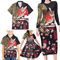 Japanese Culture and Hawaiian Tribal Family Matching Long Sleeve Bodycon Dress and Hawaiian Shirt Sakura Blossom Tapa Pattern LT03 - Polynesian Pride