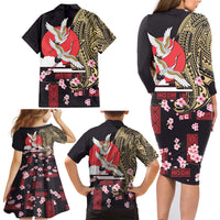 Japanese Culture and Hawaiian Tribal Family Matching Long Sleeve Bodycon Dress and Hawaiian Shirt Sakura Blossom Tapa Pattern LT03 - Polynesian Pride