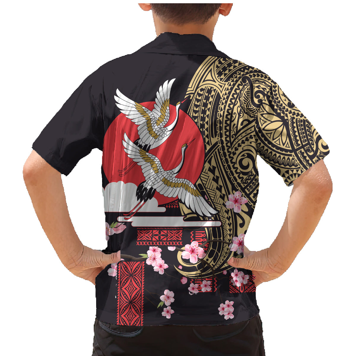 Japanese Culture and Hawaiian Tribal Family Matching Mermaid Dress and Hawaiian Shirt Sakura Blossom Tapa Pattern LT03 - Polynesian Pride