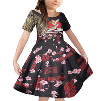 Japanese Culture and Hawaiian Tribal Family Matching Mermaid Dress and Hawaiian Shirt Sakura Blossom Tapa Pattern LT03 Daughter's Dress Black - Polynesian Pride