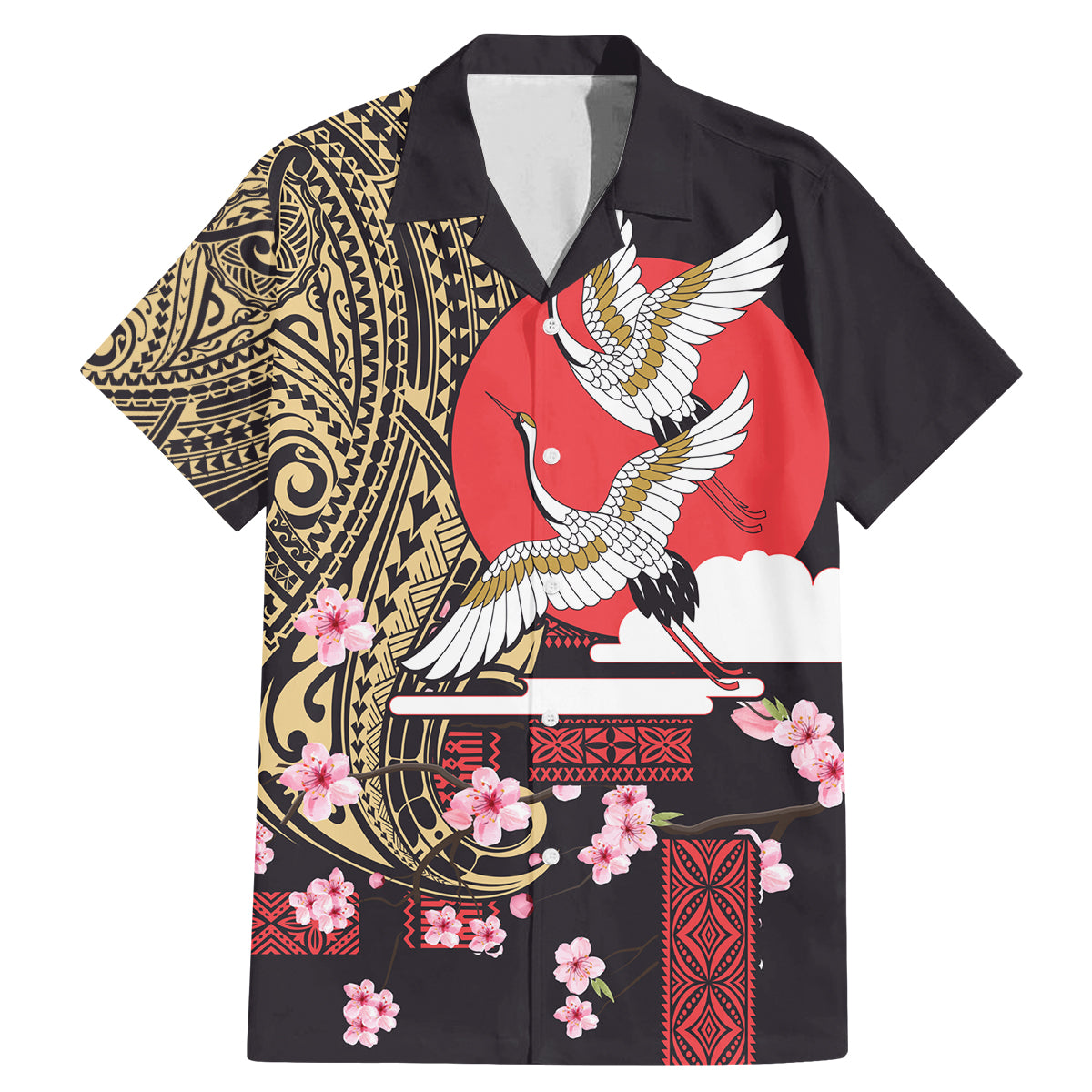 Japanese Culture and Hawaiian Tribal Family Matching Mermaid Dress and Hawaiian Shirt Sakura Blossom Tapa Pattern LT03 Dad's Shirt - Short Sleeve Black - Polynesian Pride
