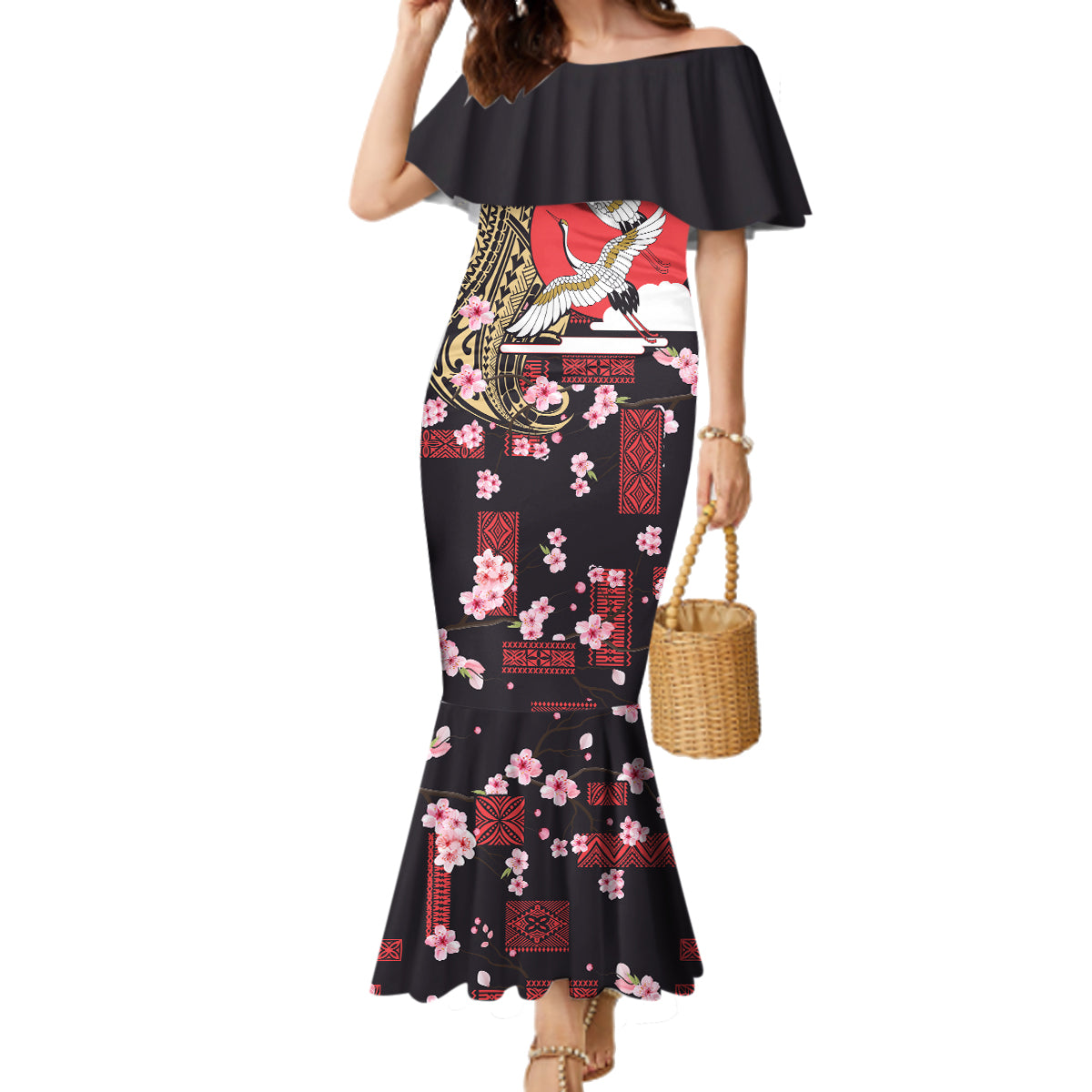 Japanese Culture and Hawaiian Tribal Family Matching Mermaid Dress and Hawaiian Shirt Sakura Blossom Tapa Pattern LT03 Mom's Dress Black - Polynesian Pride