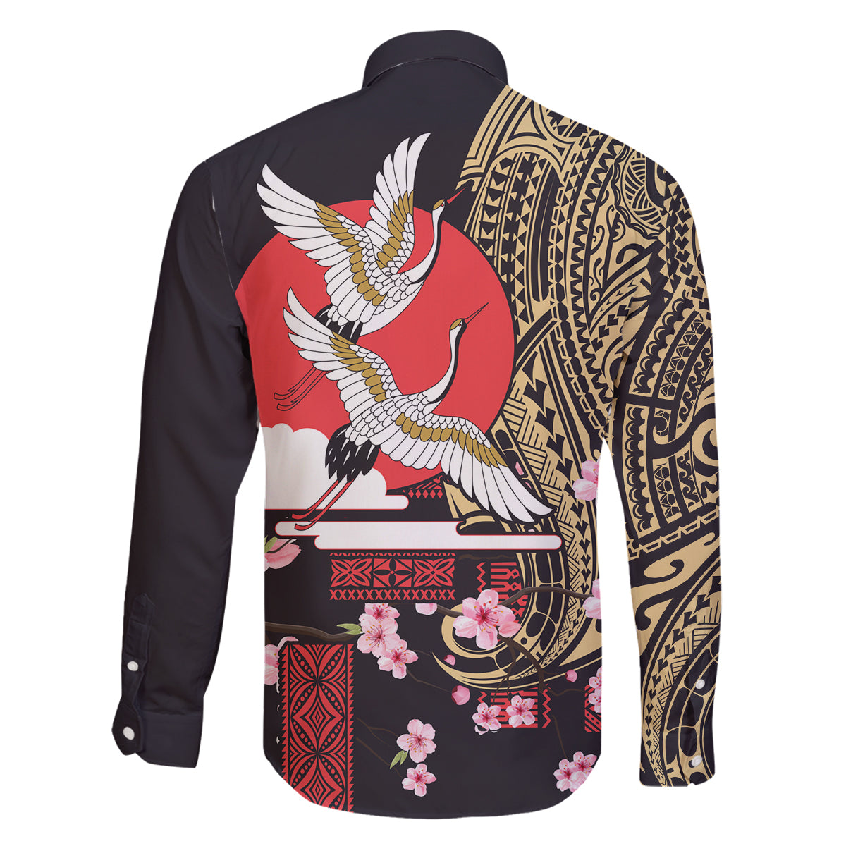 Japanese Culture and Hawaiian Tribal Family Matching Off Shoulder Maxi Dress and Hawaiian Shirt Sakura Blossom Tapa Pattern