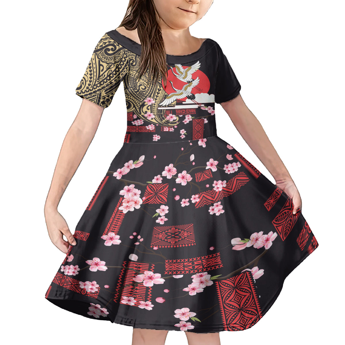Japanese Culture and Hawaiian Tribal Family Matching Puletasi and Hawaiian Shirt Sakura Blossom Tapa Pattern LT03 Daughter's Dress Black - Polynesian Pride