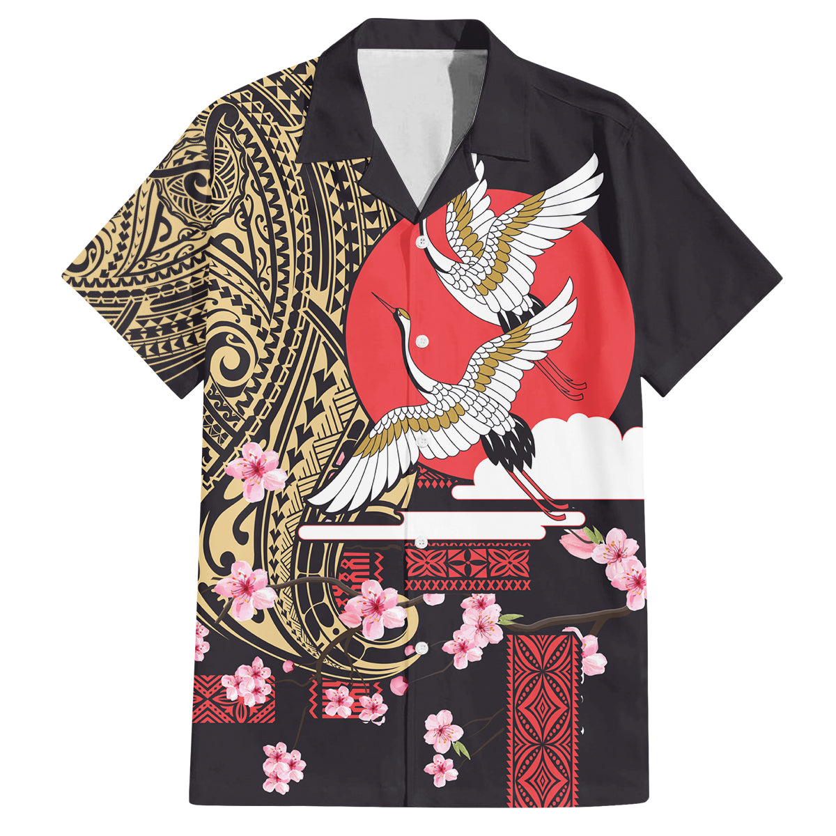 Japanese Culture and Hawaiian Tribal Family Matching Puletasi and Hawaiian Shirt Sakura Blossom Tapa Pattern LT03 Dad's Shirt - Short Sleeve Black - Polynesian Pride