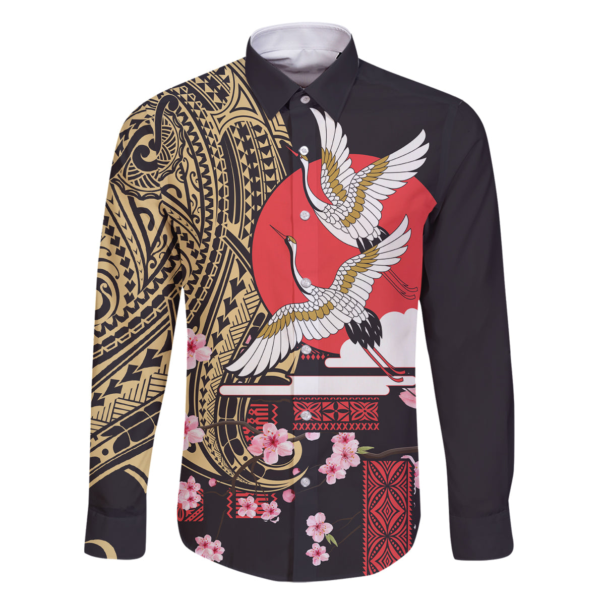 Japanese Culture and Hawaiian Tribal Family Matching Puletasi and Hawaiian Shirt Sakura Blossom Tapa Pattern LT03 Dad's Shirt - Long Sleeve Black - Polynesian Pride
