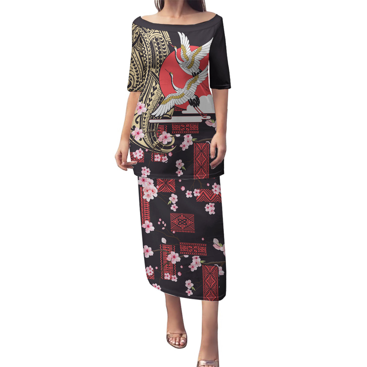 Japanese Culture and Hawaiian Tribal Family Matching Puletasi and Hawaiian Shirt Sakura Blossom Tapa Pattern LT03 Mom's Dress Black - Polynesian Pride