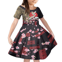 Japanese Culture and Hawaiian Tribal Family Matching Short Sleeve Bodycon Dress and Hawaiian Shirt Sakura Blossom Tapa Pattern LT03 Daughter's Dress Black - Polynesian Pride