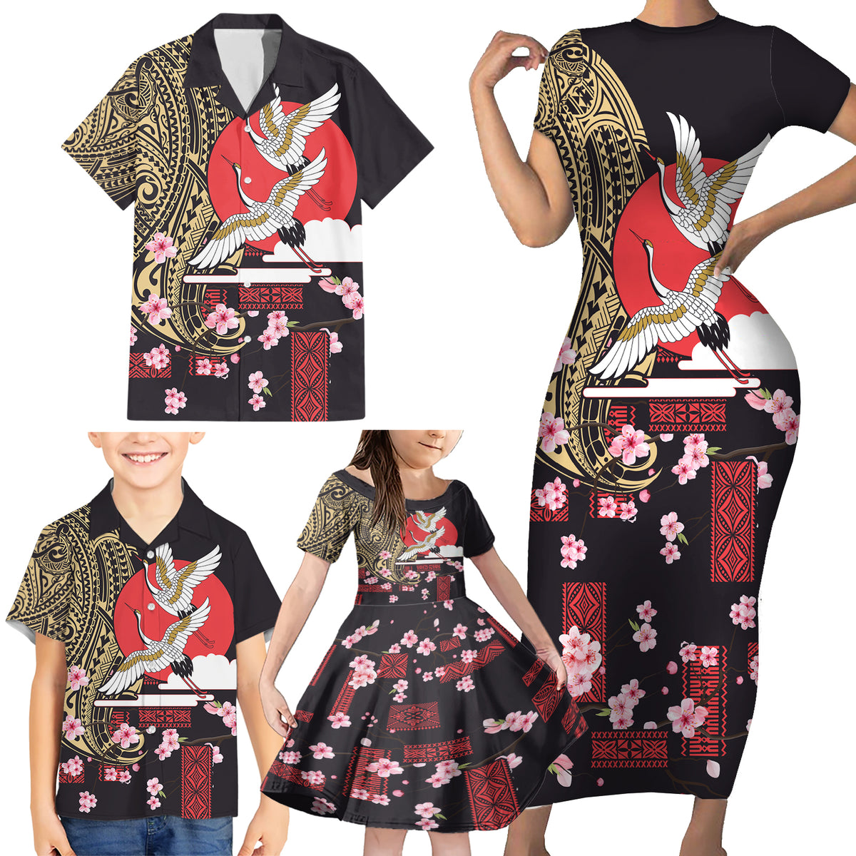 Japanese Culture and Hawaiian Tribal Family Matching Short Sleeve Bodycon Dress and Hawaiian Shirt Sakura Blossom Tapa Pattern LT03 - Polynesian Pride