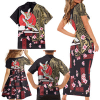 Japanese Culture and Hawaiian Tribal Family Matching Short Sleeve Bodycon Dress and Hawaiian Shirt Sakura Blossom Tapa Pattern LT03 - Polynesian Pride