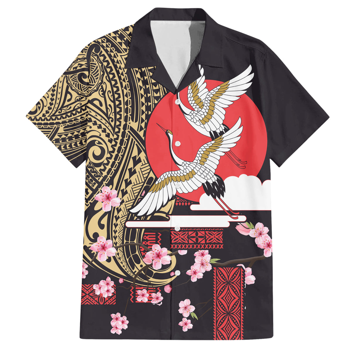 Japanese Culture and Hawaiian Tribal Family Matching Short Sleeve Bodycon Dress and Hawaiian Shirt Sakura Blossom Tapa Pattern LT03 Dad's Shirt - Short Sleeve Black - Polynesian Pride