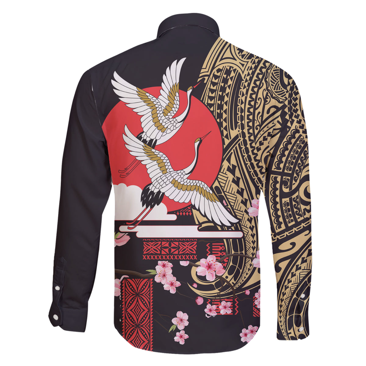Japanese Culture and Hawaiian Tribal Family Matching Short Sleeve Bodycon Dress and Hawaiian Shirt Sakura Blossom Tapa Pattern LT03 - Polynesian Pride