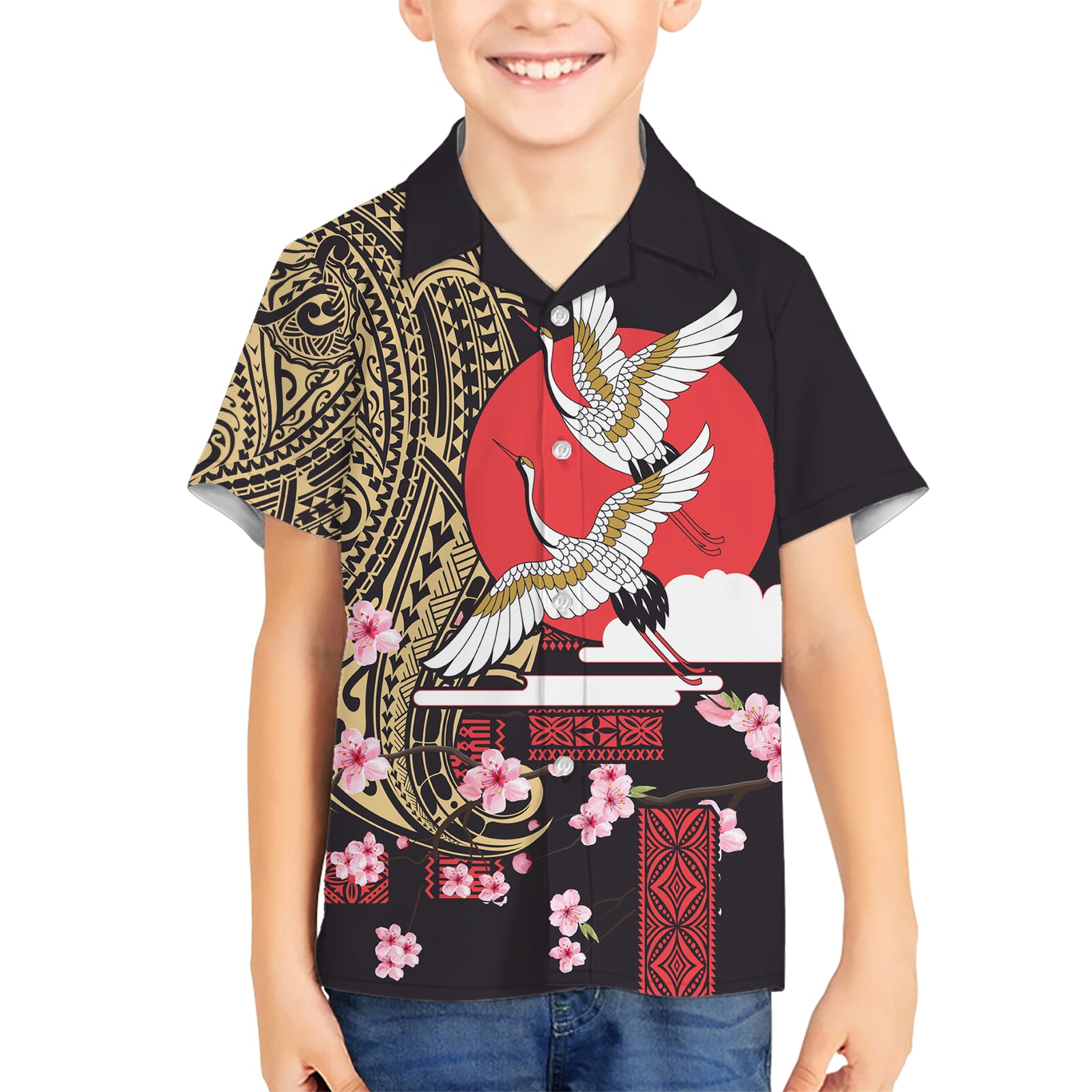 Japanese Culture and Hawaiian Tribal Kid Hawaiian Shirt Sakura Blossom Tapa Pattern