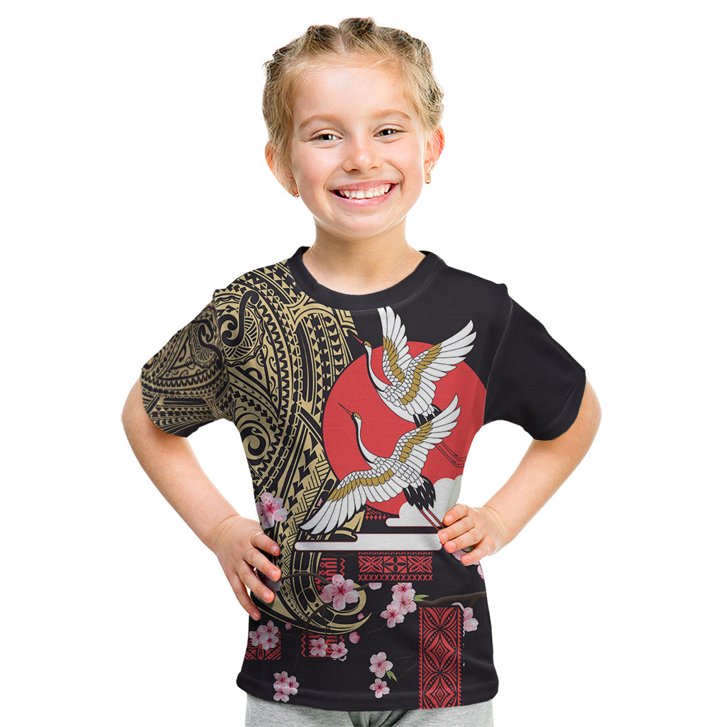 Japanese Culture and Hawaiian Tribal Kid T Shirt Sakura Blossom Tapa Pattern