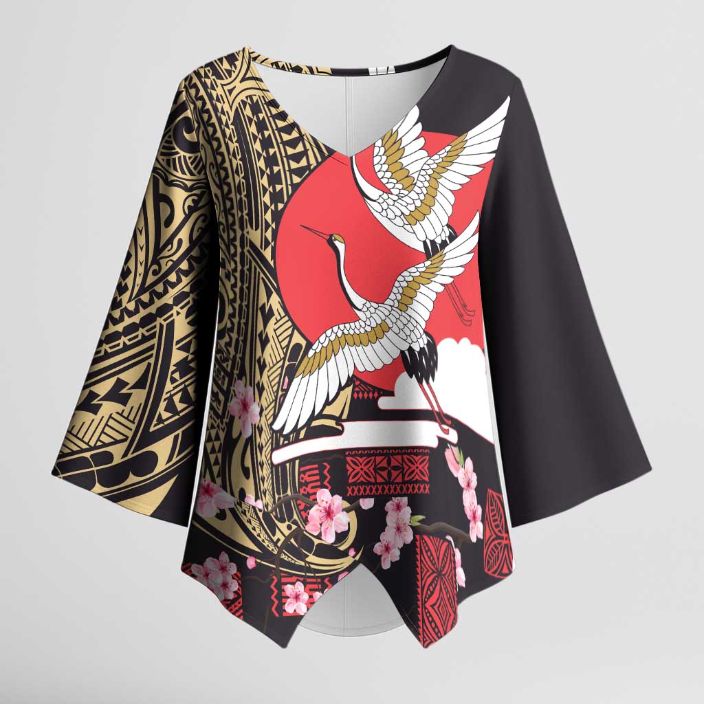 Japanese Culture and Hawaiian Tribal Kimono Sleeve Blouse Sakura Blossom Tapa Pattern - Polynesian Pride