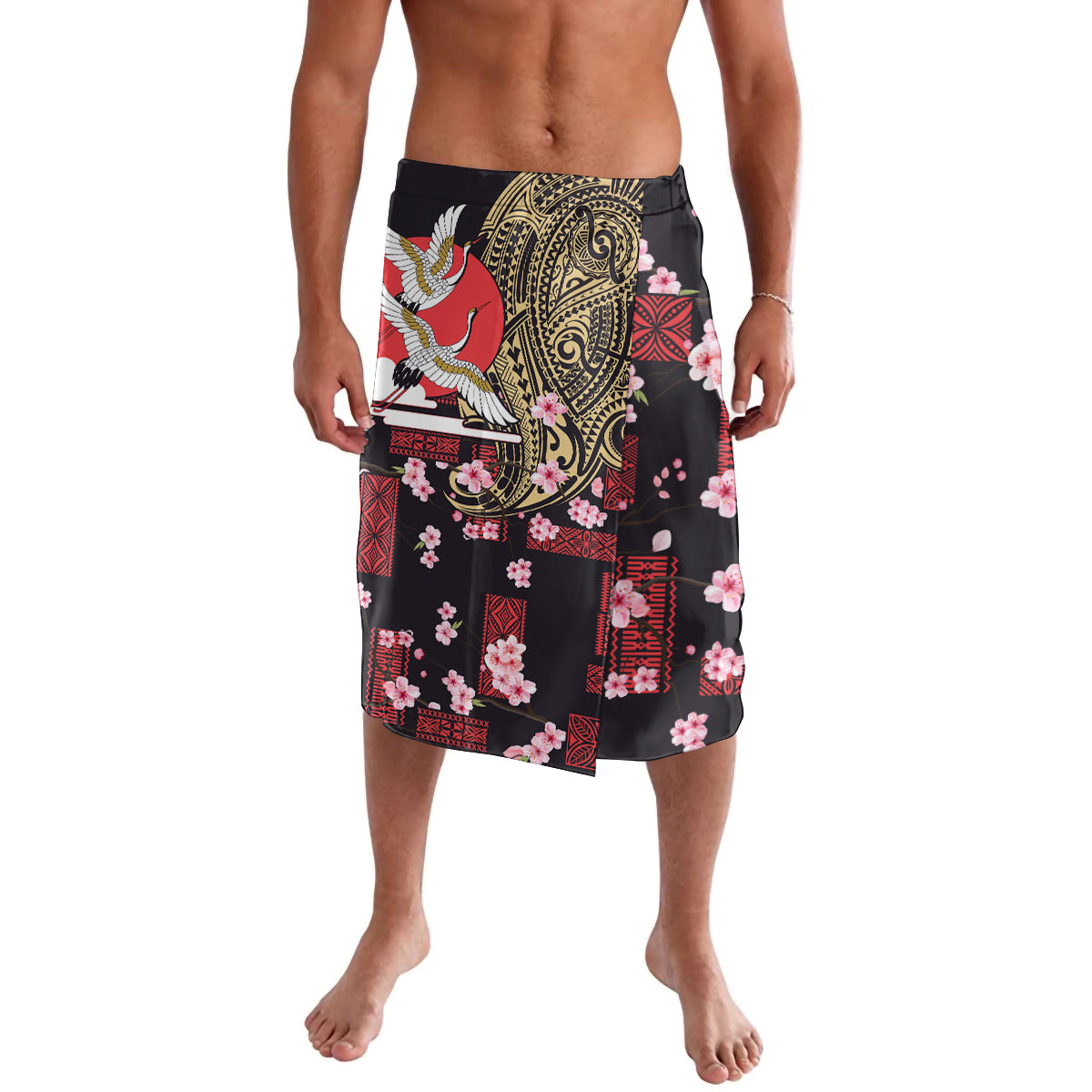 Japanese Culture and Hawaiian Tribal Lavalava Sakura Blossom Tapa Pattern