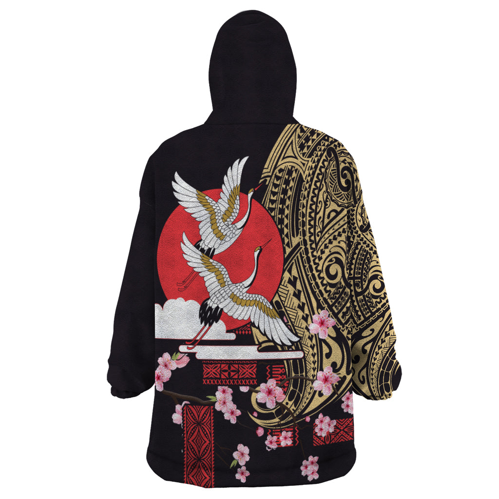 Japanese Culture and Hawaiian Tribal Wearable Blanket Hoodie Sakura Blossom Tapa Pattern