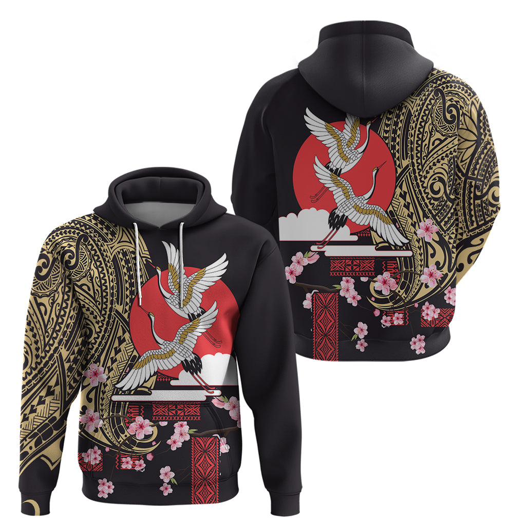 Japanese Culture and Hawaiian Tribal Zip Hoodie Sakura Blossom Tapa Pattern
