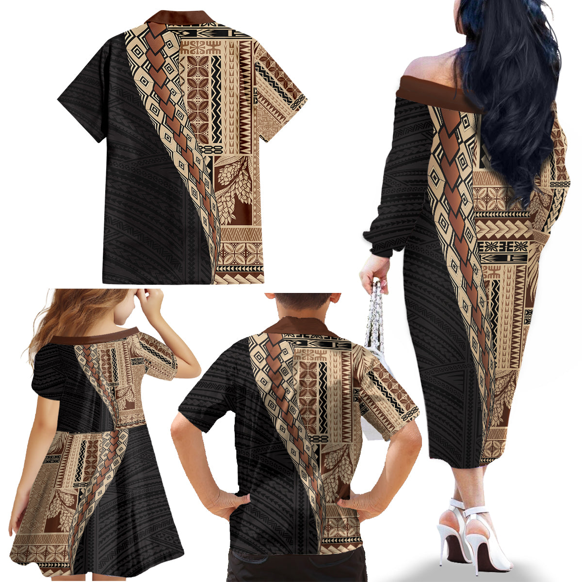 Samoa Siapo Motif Half Style Family Matching Off The Shoulder Long Sleeve Dress and Hawaiian Shirt Brown Version