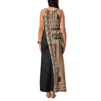 Samoa Siapo Motif Half Style Family Matching Tank Maxi Dress and Hawaiian Shirt Brown Version