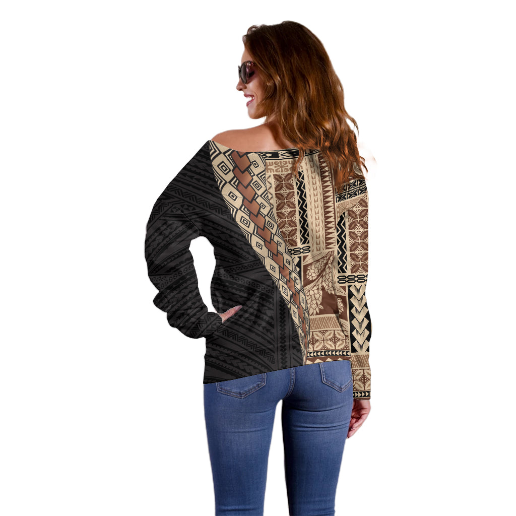 Samoa Siapo Motif Half Style Off Shoulder Sweater Brown Version LT03 - Polynesian Pride