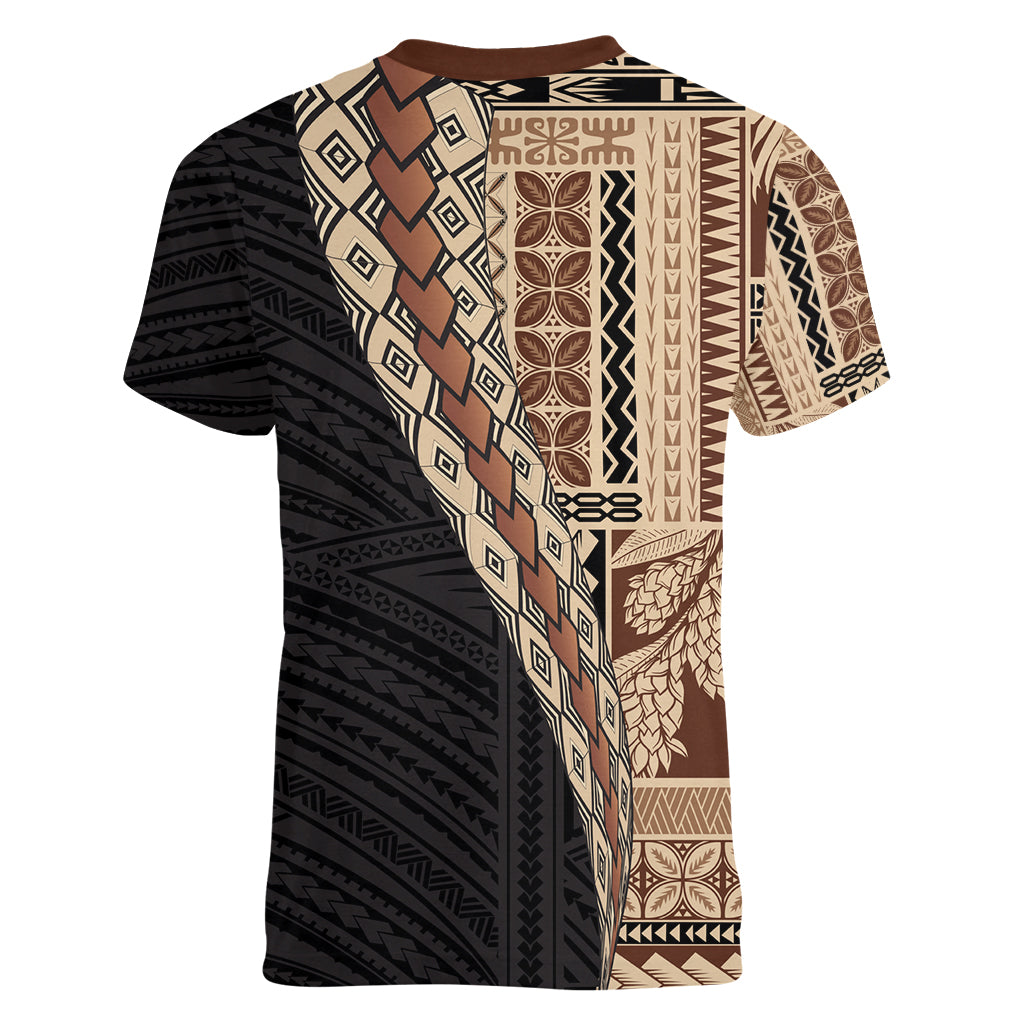 Samoa Siapo Motif Half Style Women V-Neck T-Shirt Brown Version