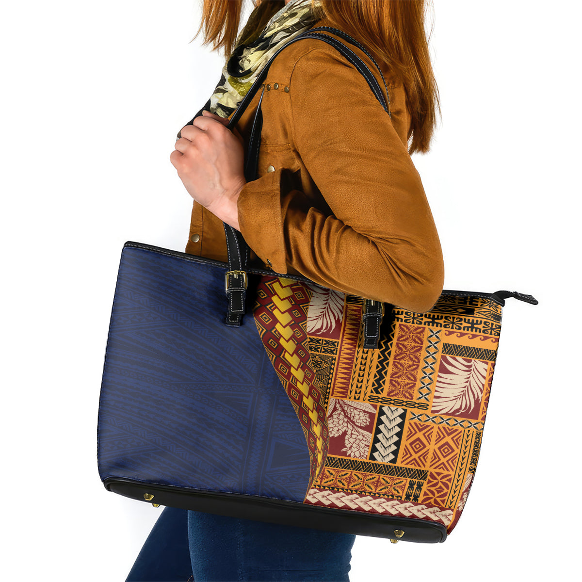 Samoa Siapo Motif Half Style Leather Tote Bag Colorful Version