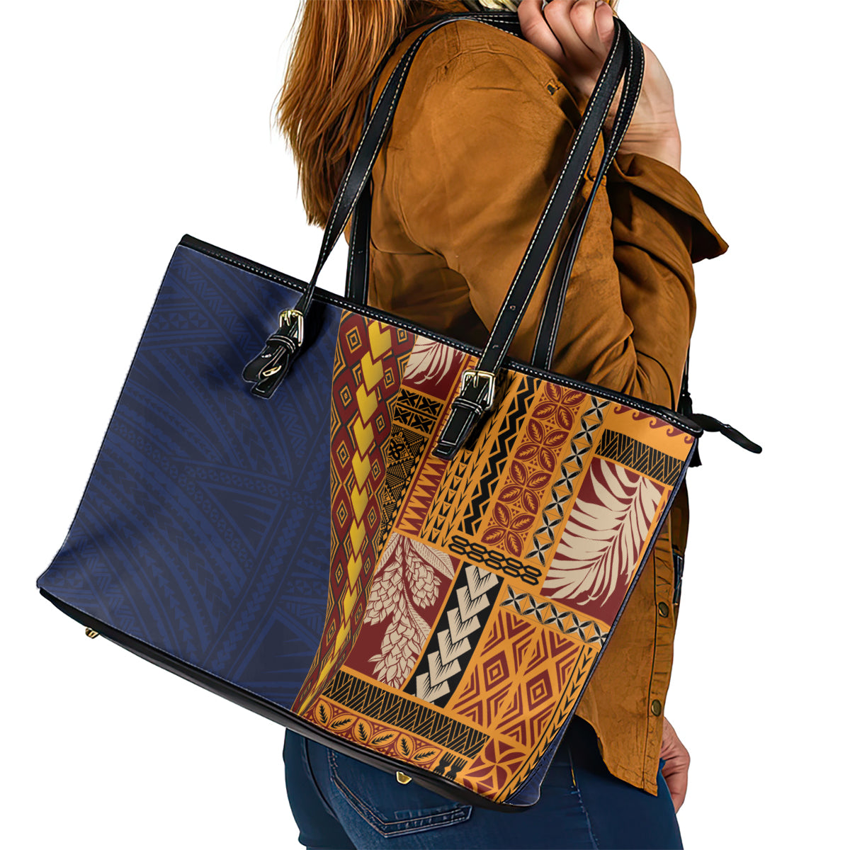 Samoa Siapo Motif Half Style Leather Tote Bag Colorful Version