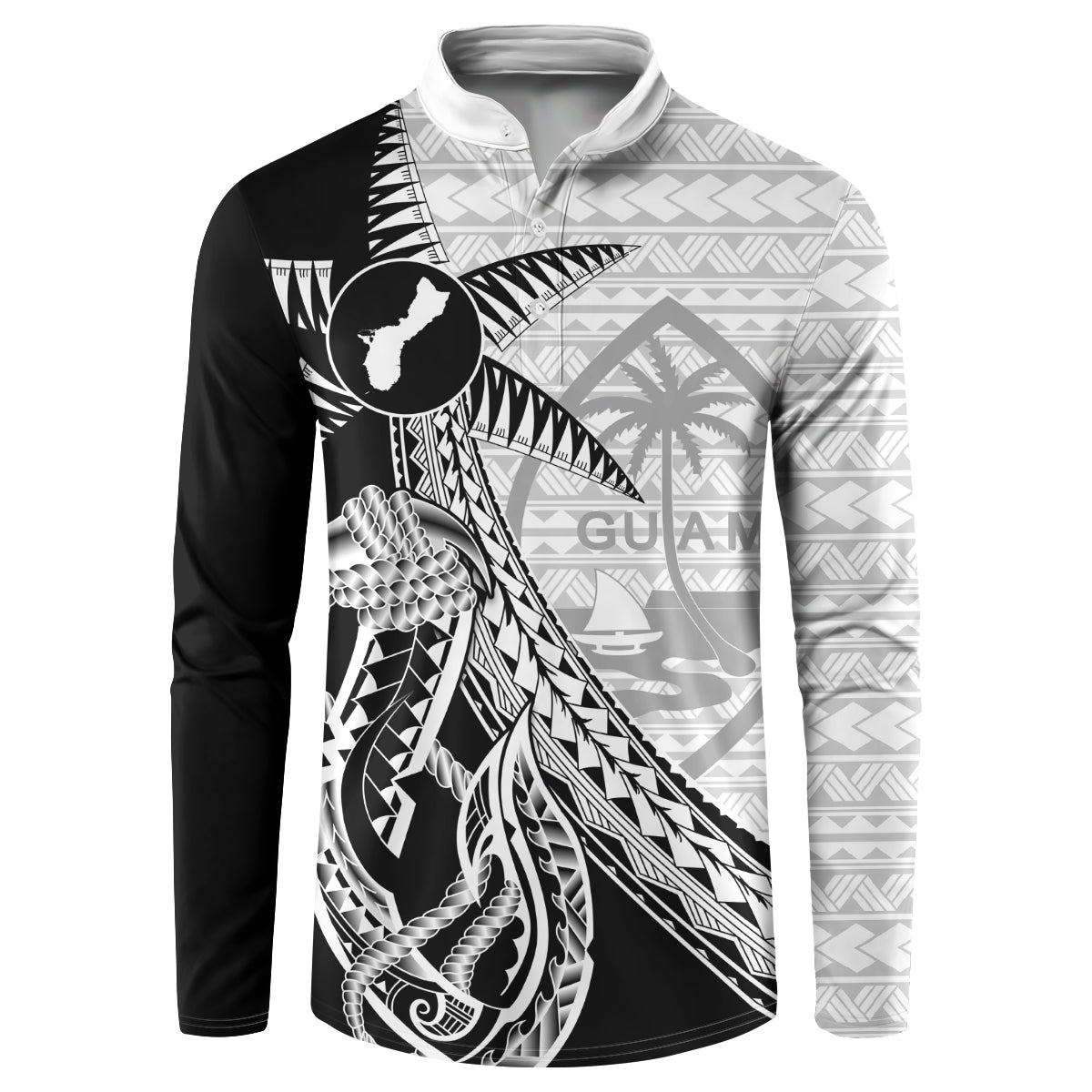 Guam Fish Hook and Palm Tree Button Sweatshirt Polynesian Pattern Half Style
