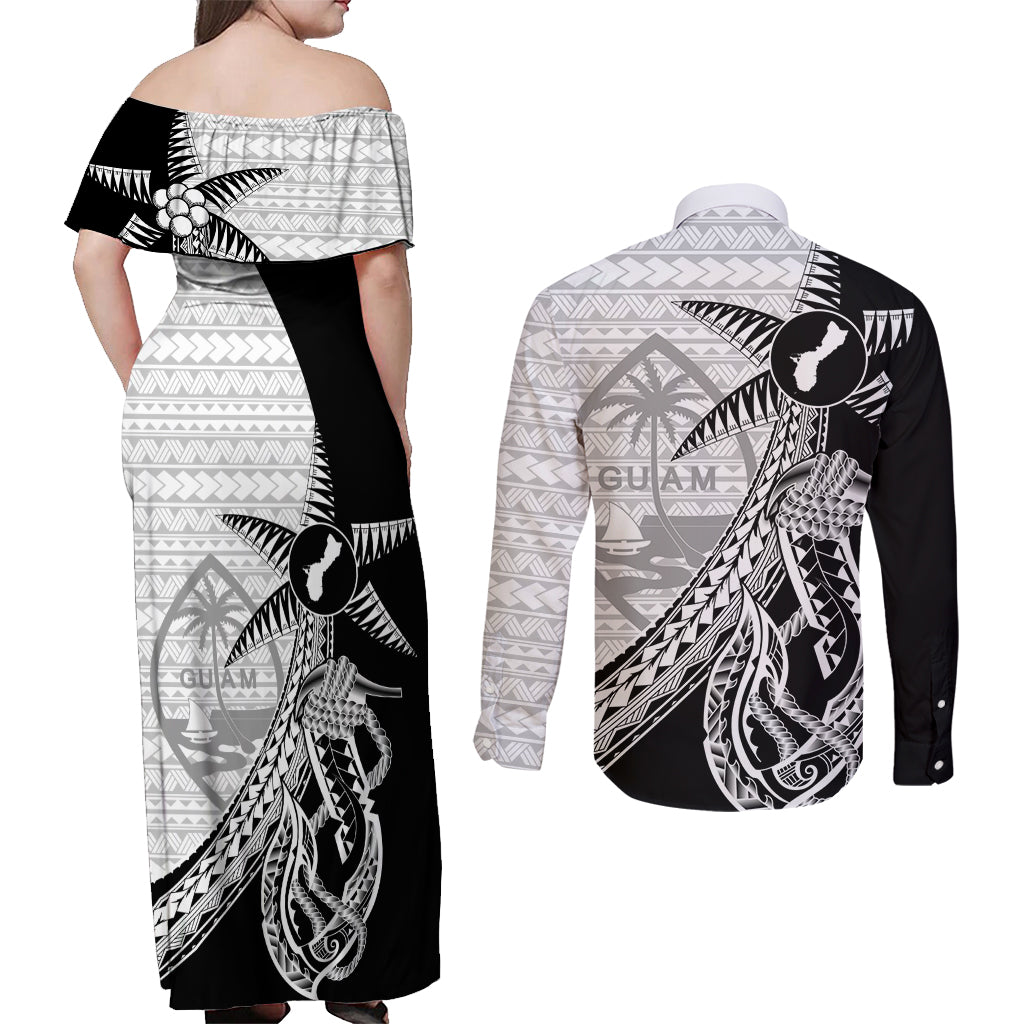Guam Fish Hook and Palm Tree Couples Matching Off Shoulder Maxi Dress and Long Sleeve Button Shirt Polynesian Pattern Half Style