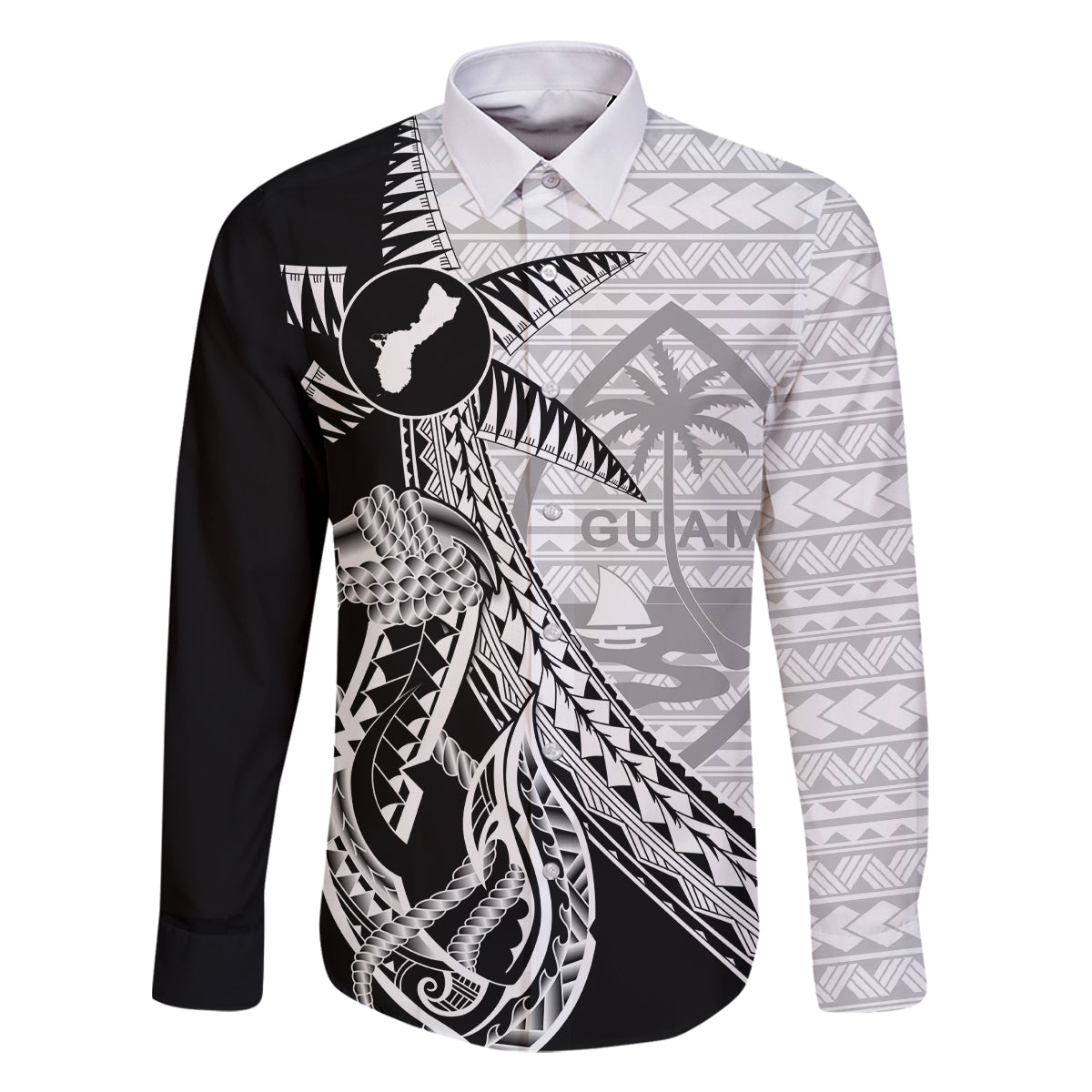 Guam Fish Hook and Palm Tree Family Matching Long Sleeve Bodycon Dress and Hawaiian Shirt Polynesian Pattern Half Style