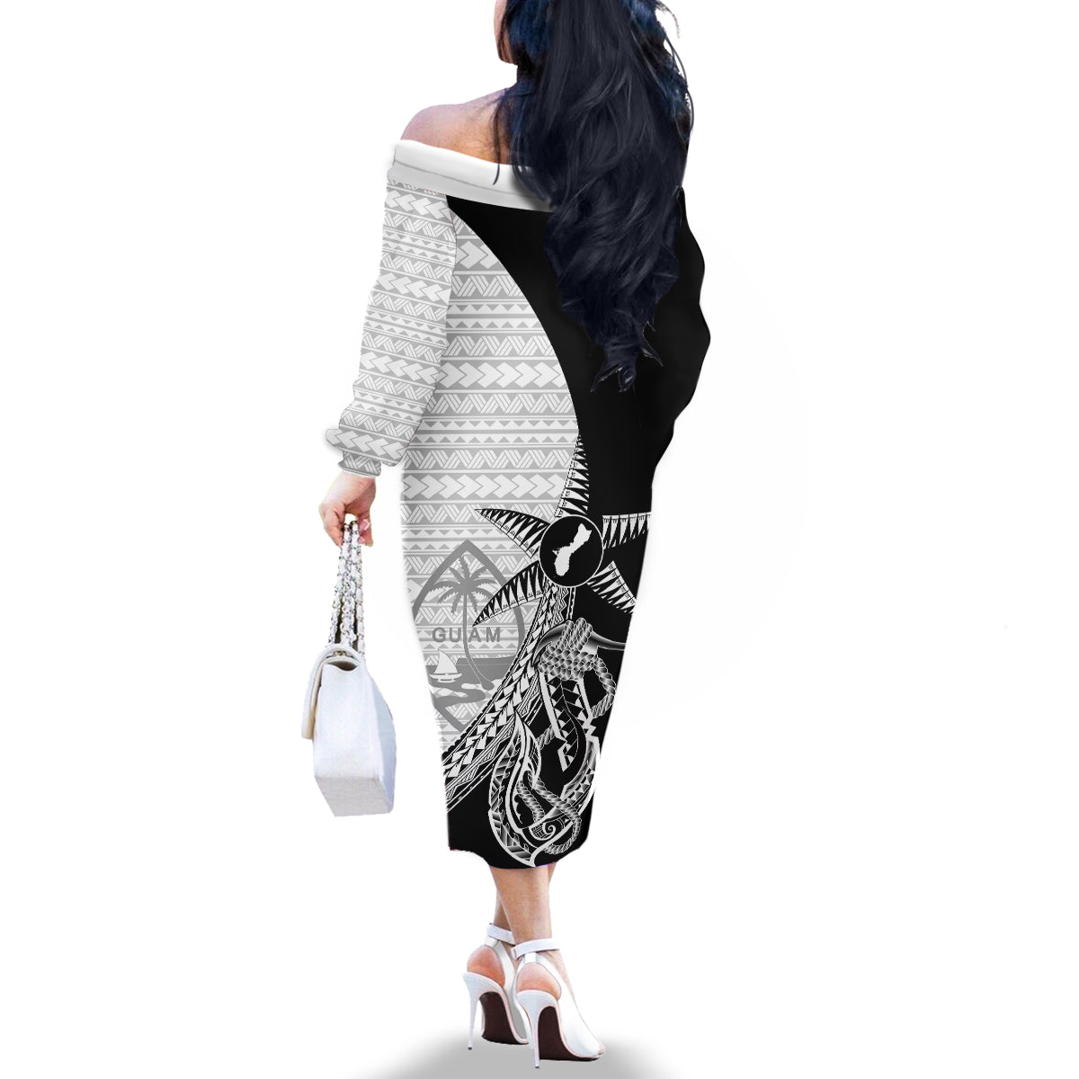 Guam Fish Hook and Palm Tree Family Matching Off The Shoulder Long Sleeve Dress and Hawaiian Shirt Polynesian Pattern Half Style