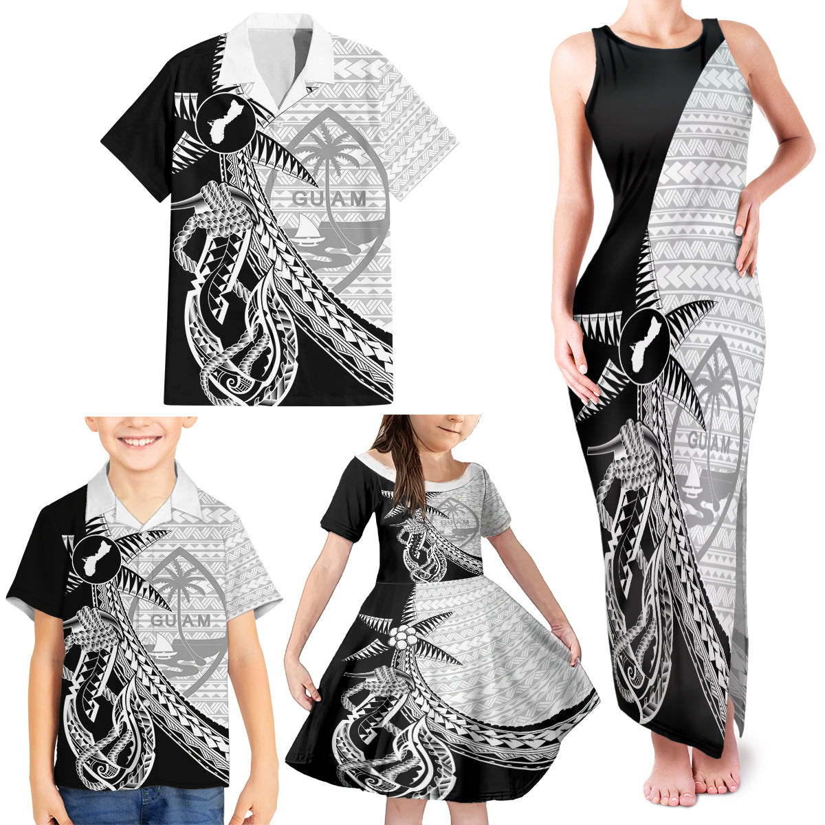 Guam Fish Hook and Palm Tree Family Matching Tank Maxi Dress and Hawaiian Shirt Polynesian Pattern Half Style