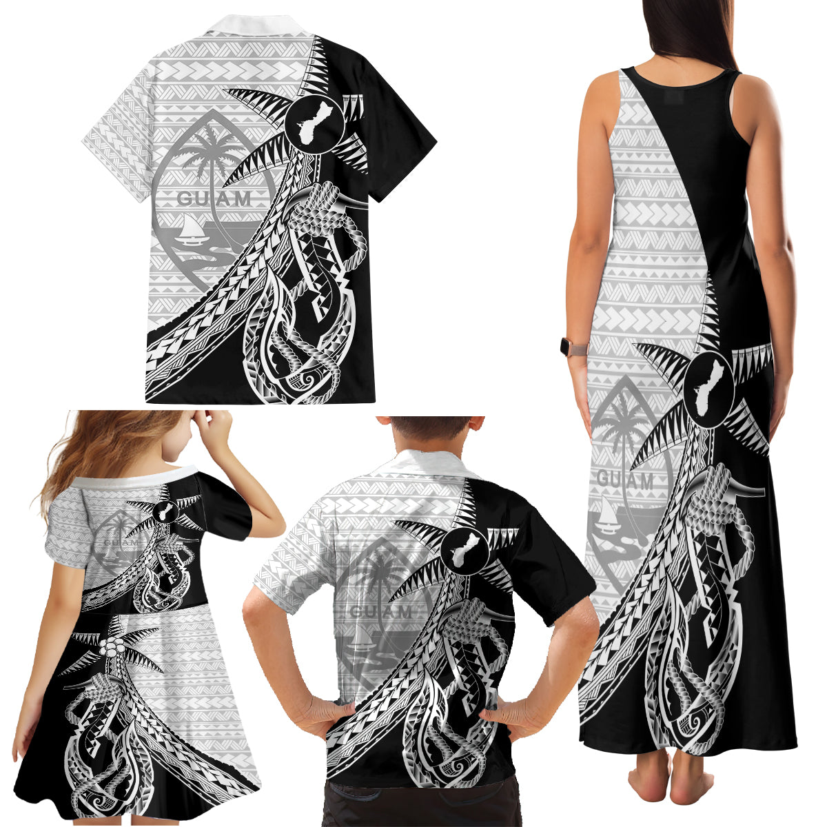 Guam Fish Hook and Palm Tree Family Matching Tank Maxi Dress and Hawaiian Shirt Polynesian Pattern Half Style